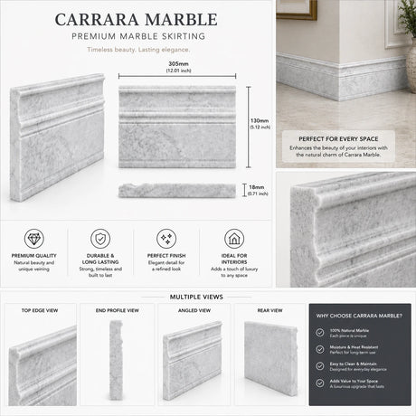 Carrara CD Marble Base Art Deco Skirting Board | 130x305x18mm