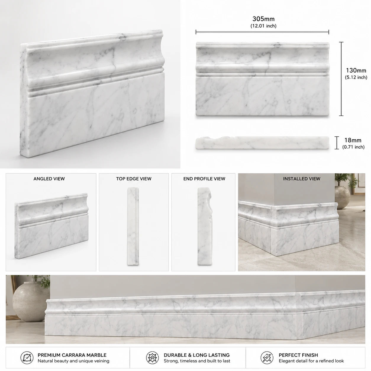 Carrara Marble Art Deco Skirting Board | 130x305x18mm