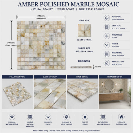Calacatta Amber Polished Marble Mosaic Tiles – 50 × 50 × 10 mm