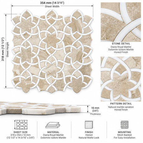 Daisy Star Waterjet Diana Royal, Dolomite & Bianco Sivec Honed Marble Mosaic Tile 318 × 360 × 10 mm