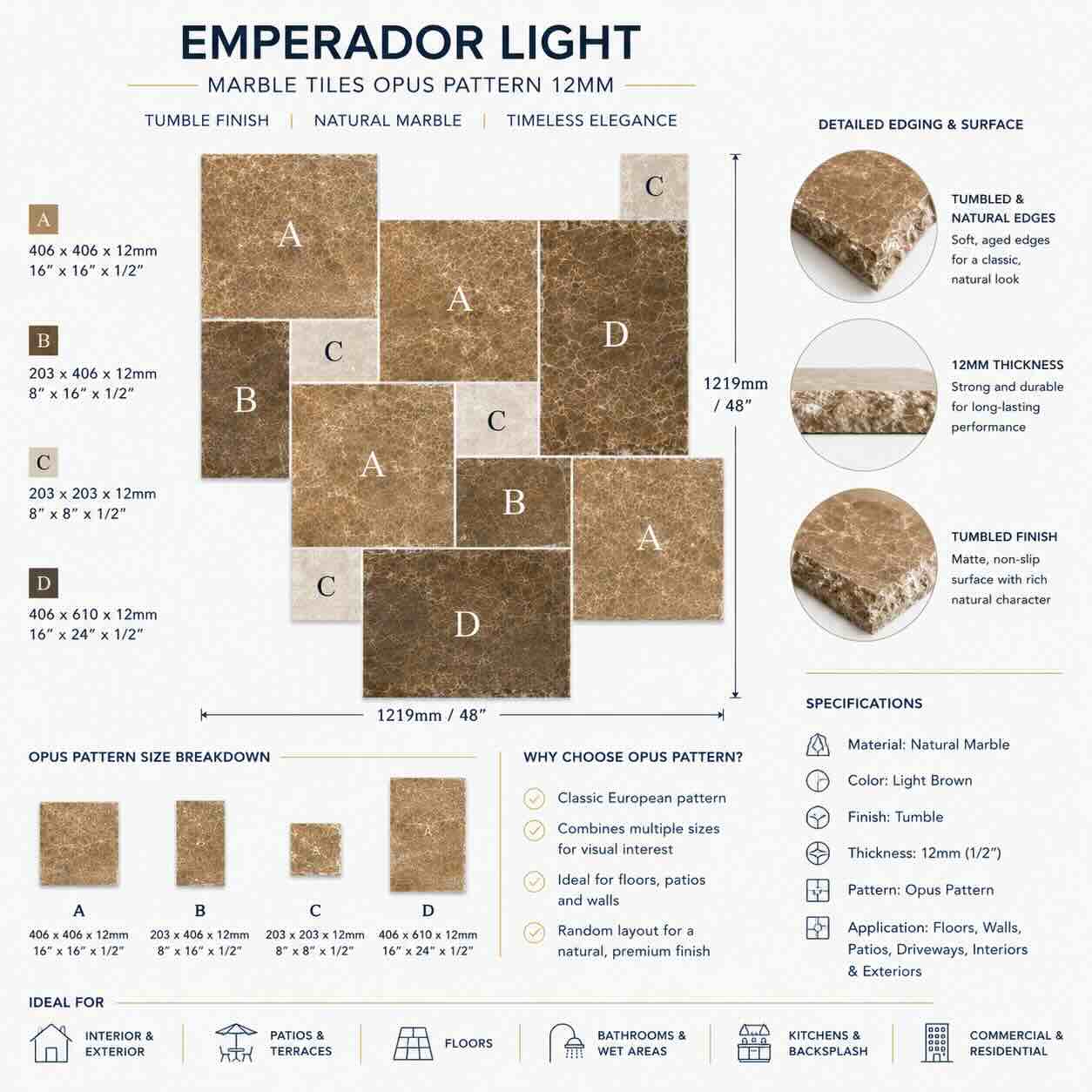 Emperador Light Tumbled Opus Pattern Set 12mm