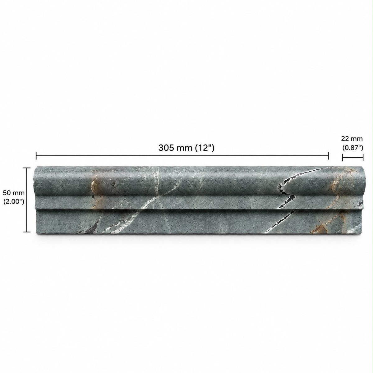 Fitz Green Ogge honed marble moulding installed as a dado rail trim on tiled bathroom wall