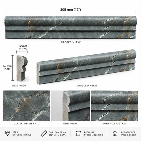 Close-up of Fitz Green honed marble satin finish and natural veining