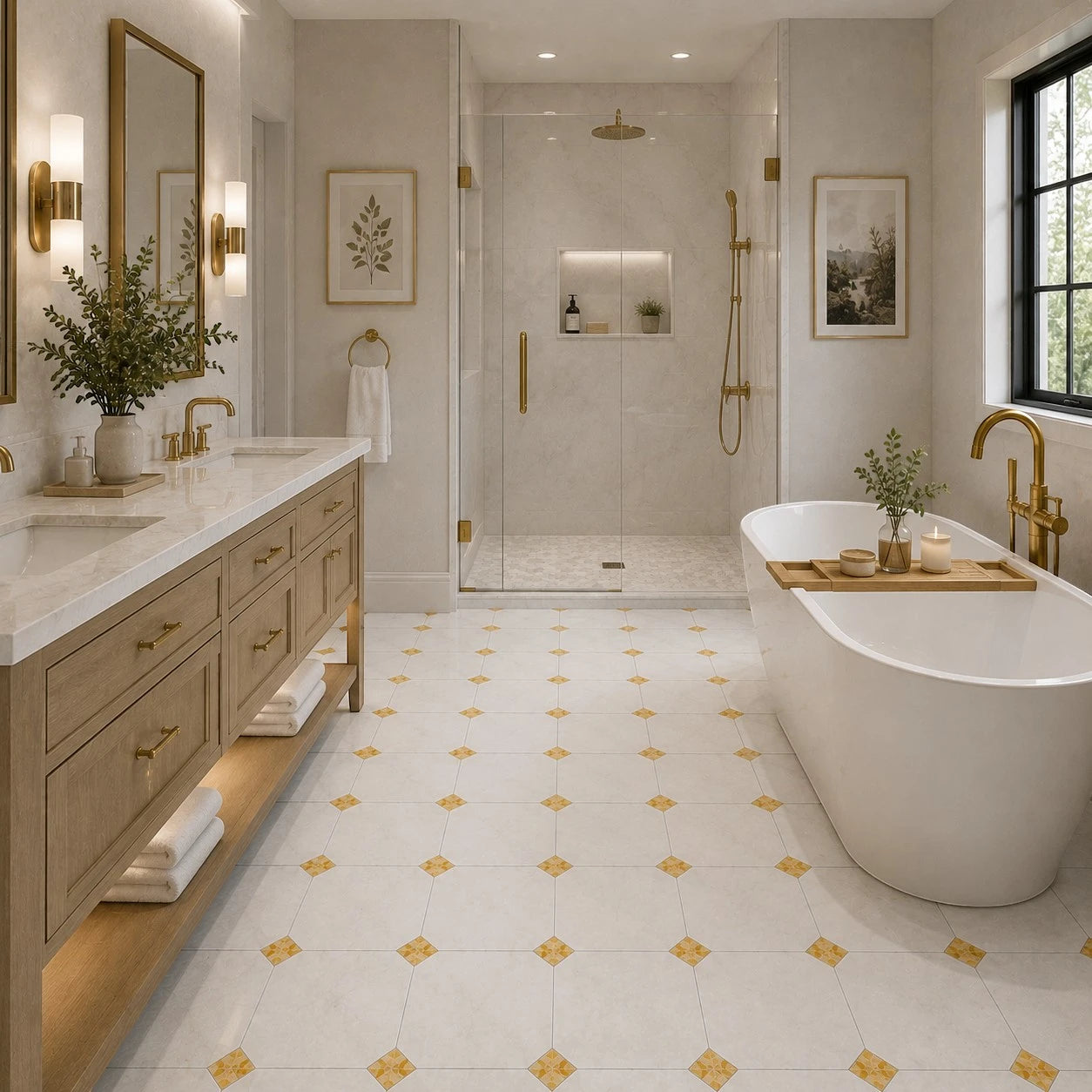 Fitz White Honed Octagon Marble Tile with Gold Onyx 305x305x10mm