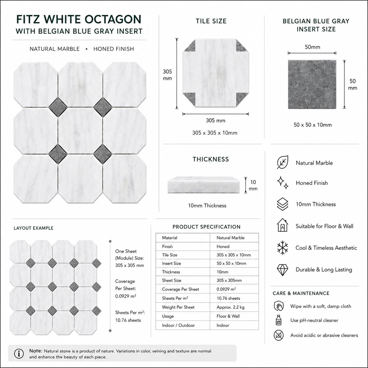 Fitz White Honed Octagon Marble Gray Dot 305x305x10mm