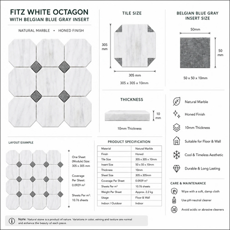 Fitz White Honed Octagon Marble Gray Dot 305x305x10mm