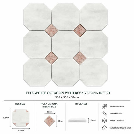 Fitz White Honed Octagon Marble Rosa Verona 305x305x10mm