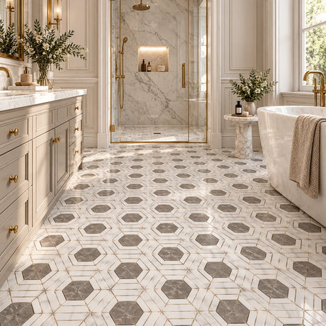 Bianco Carrara, Dolomite & Emperador Daisy Flower Marble Mosaic 310x270x10mm