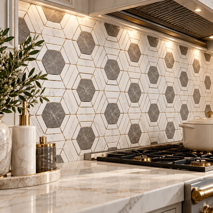 Bianco Carrara, Dolomite & Emperador Daisy Flower Marble Mosaic 310x270x10mm