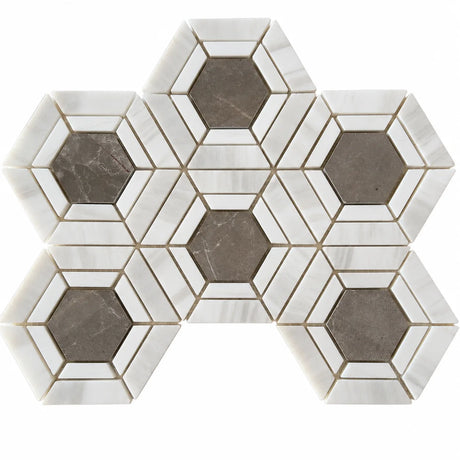 Bianco Carrara, Dolomite & Emperador Daisy Flower Marble Mosaic 310x270x10mm