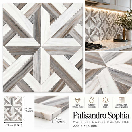 Greek Pattern Skyfall & Bianco Sivec Waterjet Marble Decor 300 x 300 x 10 mm