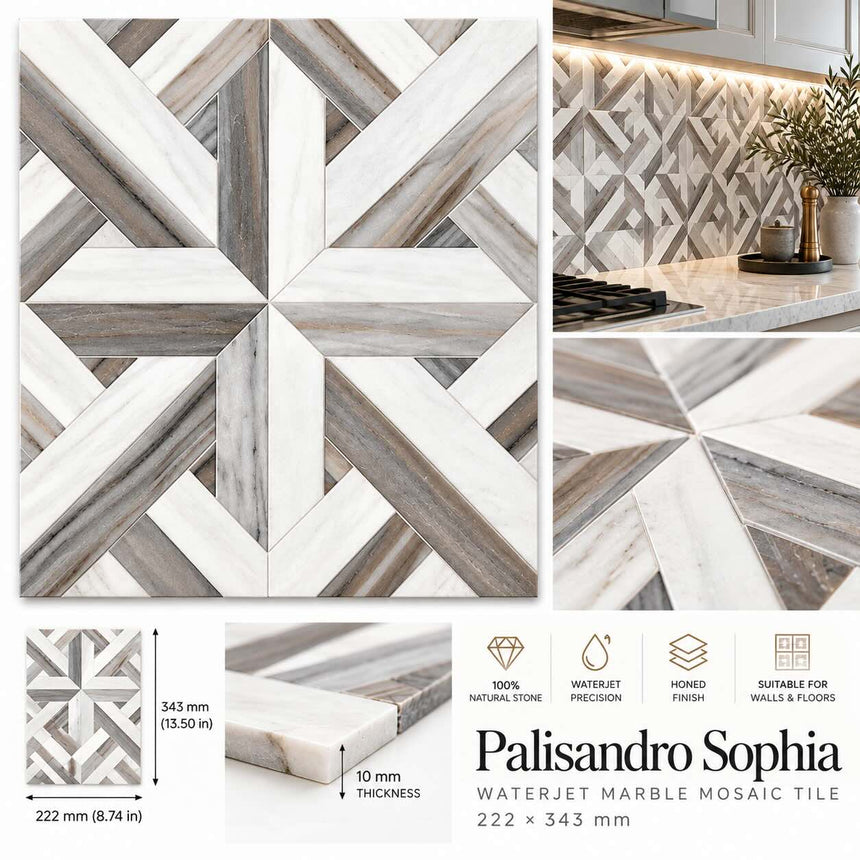 Greek Pattern Skyfall & Bianco Sivec Waterjet Marble Decor 300 x 300 x 10 mm