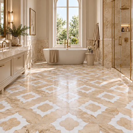 Large Daisy Diana Royal, Dolomite & Bianco Sivec Honed Marble Waterjet Mosaic Tile 305 × 305 × 10 mm