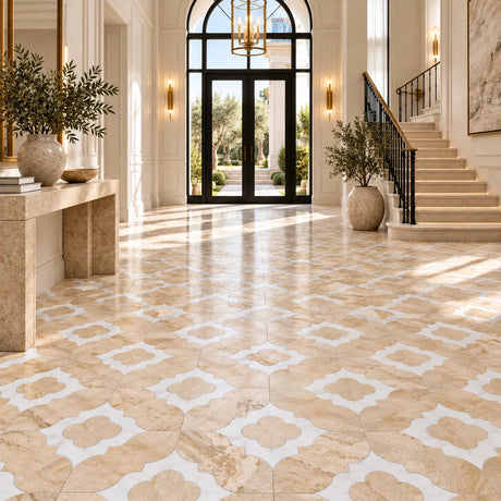 Large Daisy Diana Royal, Dolomite & Bianco Sivec Honed Marble Waterjet Mosaic Tile 305 × 305 × 10 mm
