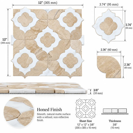 Large Daisy Diana Royal, Dolomite & Bianco Sivec Honed Marble Waterjet Mosaic Tile 305 × 305 × 10 mm