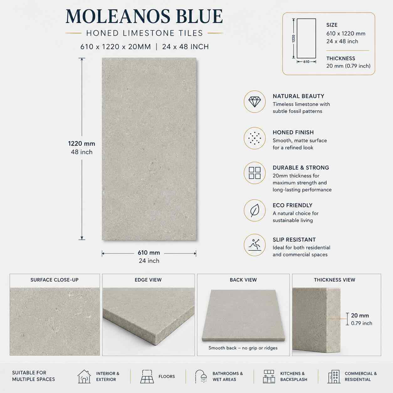 Moleanos Blue Honed Limestone Tiles 610x1220x20mm