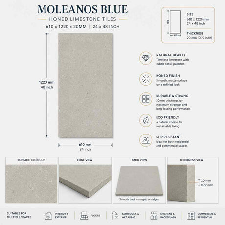 Moleanos Blue Honed Limestone Tiles 610x1220x20mm