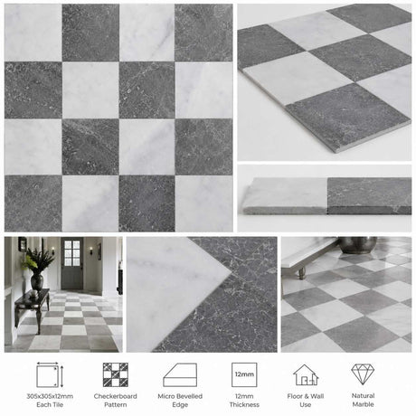 Pietra Grey & Calacatta White Checkerboard Marble Tiles 305x305mm