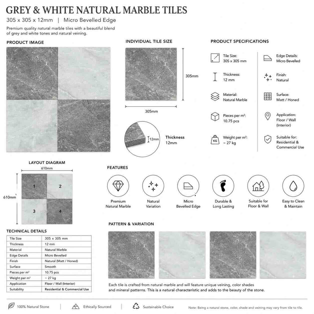 Pietra Grey & Calacatta White Checkerboard Marble Tiles 305x305mm