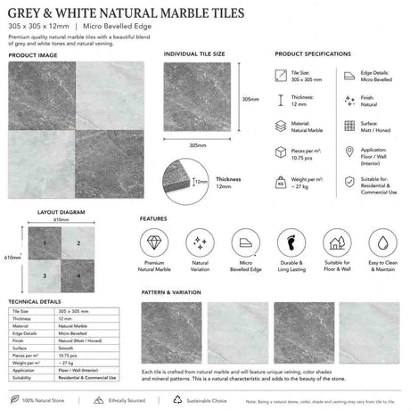 Pietra Grey & Calacatta White Checkerboard Marble Tiles 305x305mm