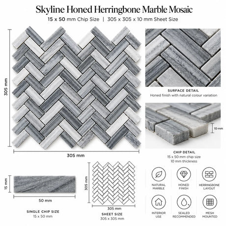 Skyline Honed Marble Herringbone Mosaic 15x50x10mm
