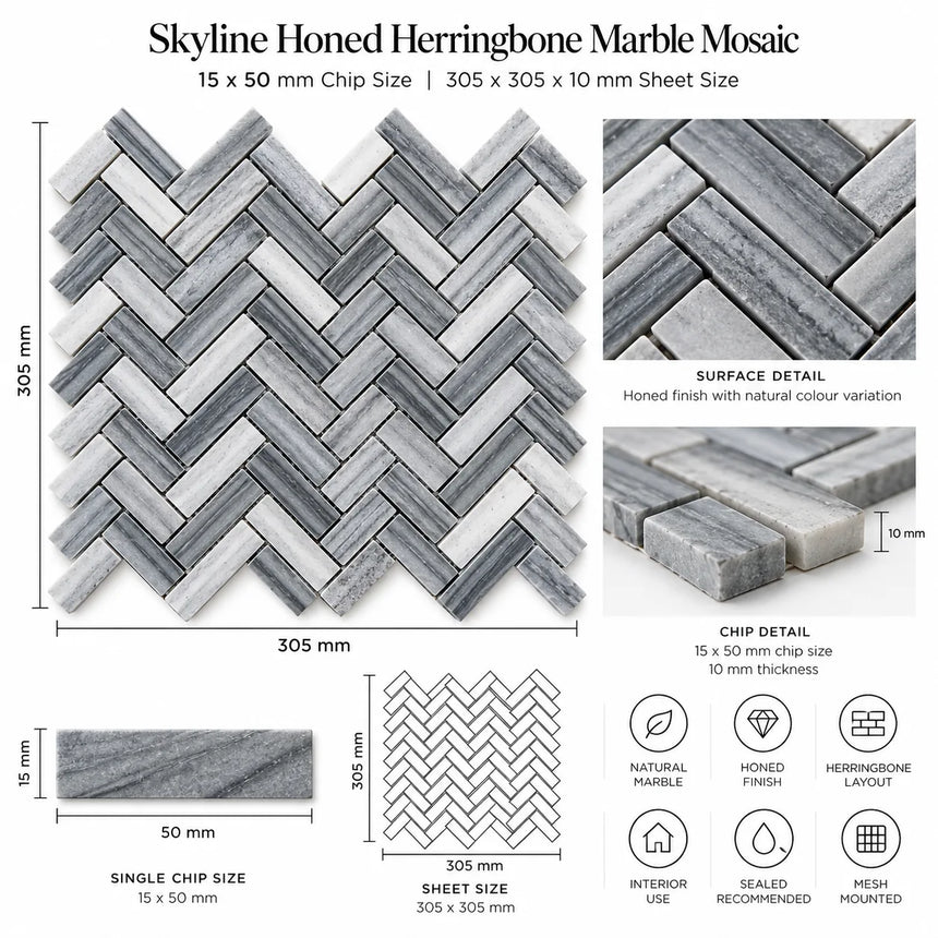 Skyline Honed Marble Herringbone Mosaic 15x50x10mm