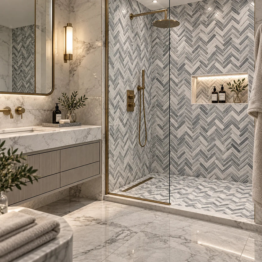 Skyline Honed Marble Herringbone Mosaic 15x50x10mm