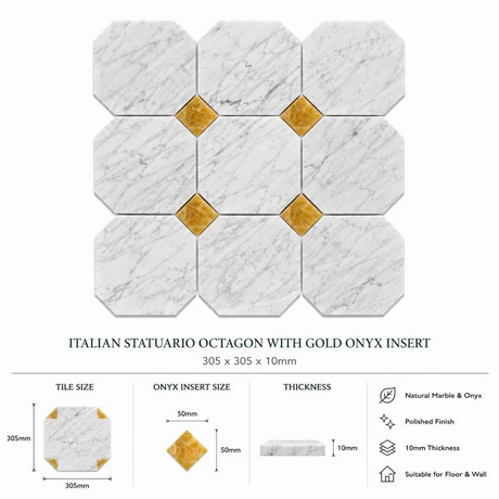 Italian Statuario Honed Octagon Marble Tile | Gold Onyx 305x305x10mm