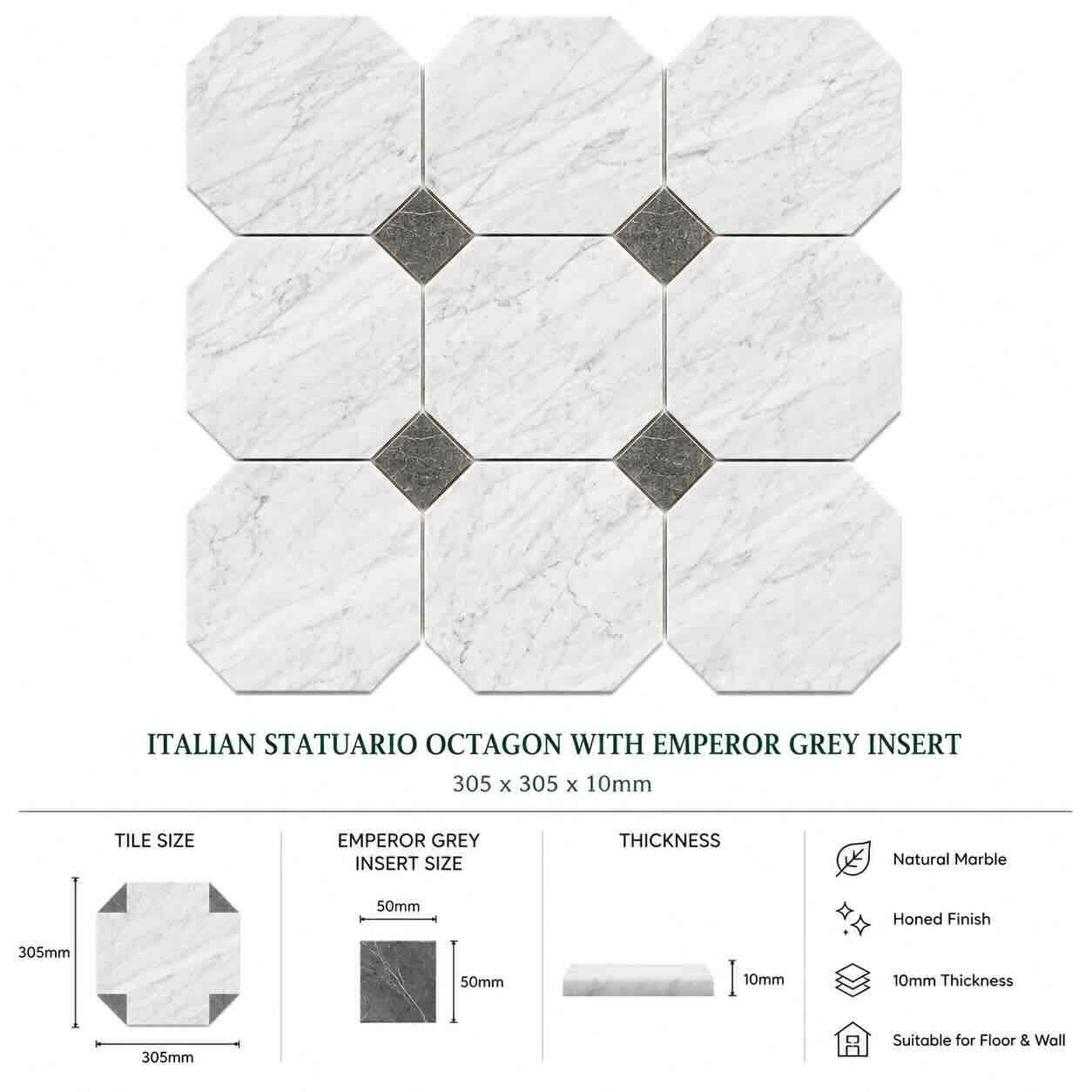 Italian Statuario Honed Octagon Marble Tile | Emperor Gray 305x305x10mm