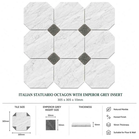 Italian Statuario Honed Octagon Marble Tile | Emperor Gray 305x305x10mm