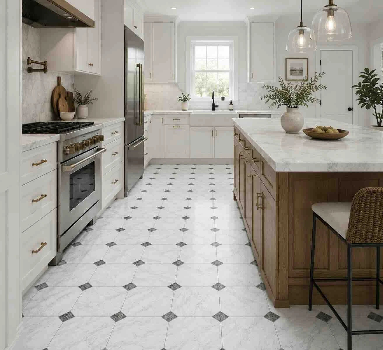 Italian Statuario Honed Octagon Marble Tile | Emperor Gray 305x305x10mm
