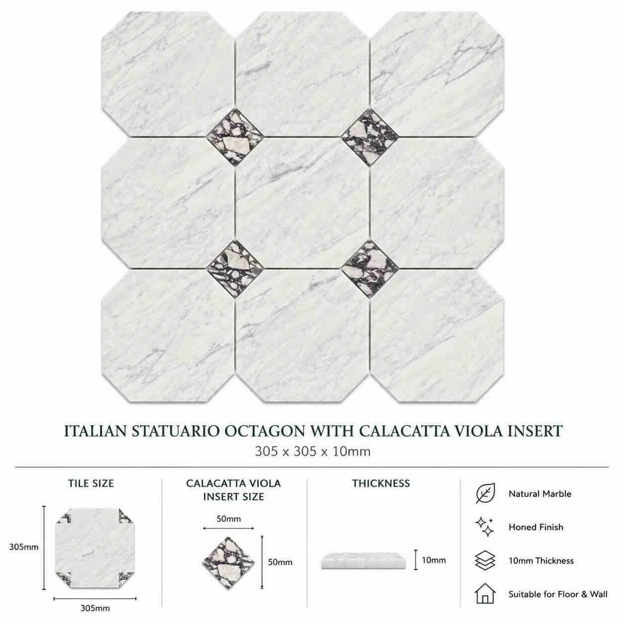 Italian Statuario Honed Octagon Marble Tile | Calacatta Viola 305x305x10mm