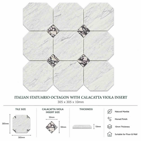 Italian Statuario Honed Octagon Marble Tile | Calacatta Viola 305x305x10mm