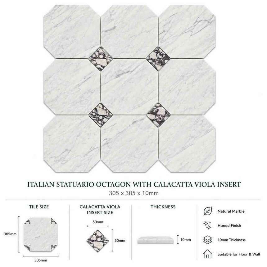Italian Statuario Honed Octagon Marble Tile | Calacatta Viola 305x305x10mm
