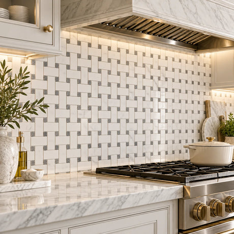 Bianco Dolomite Basketweave Matt Polished Marble Mosaic Sheet (25 × 50 mm)
