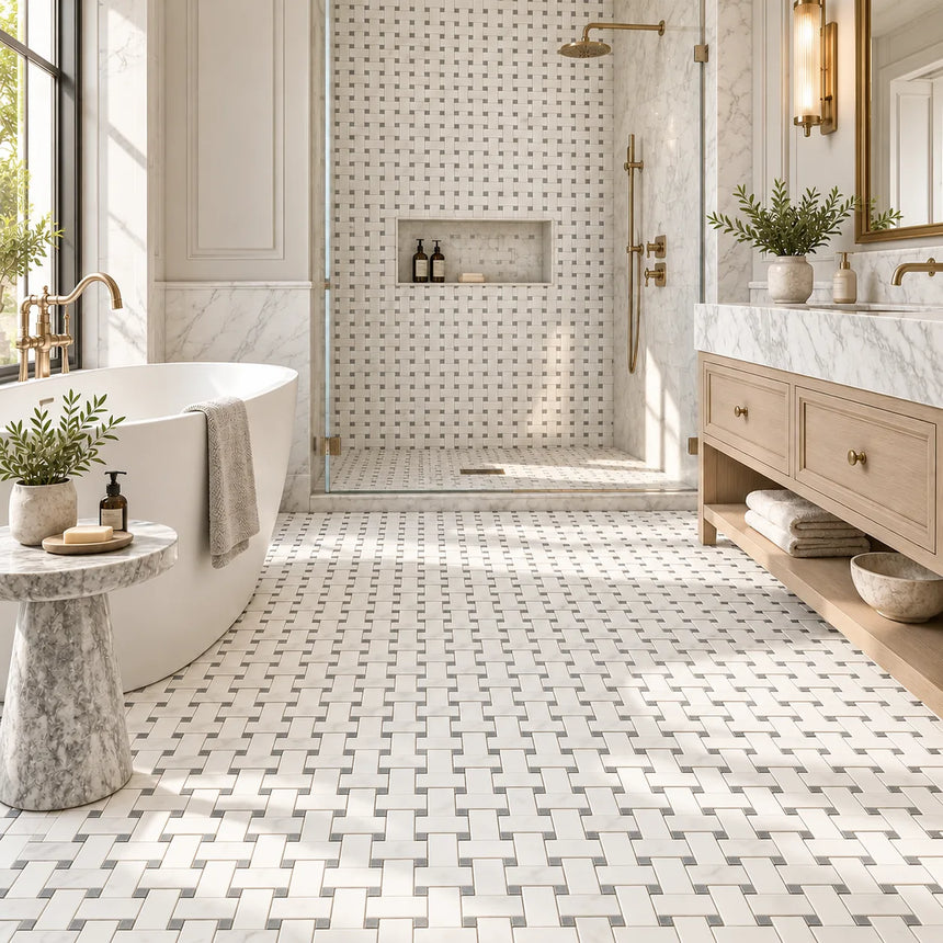 Bianco Dolomite Basketweave Matt Polished Marble Mosaic Sheet (25 × 50 mm)