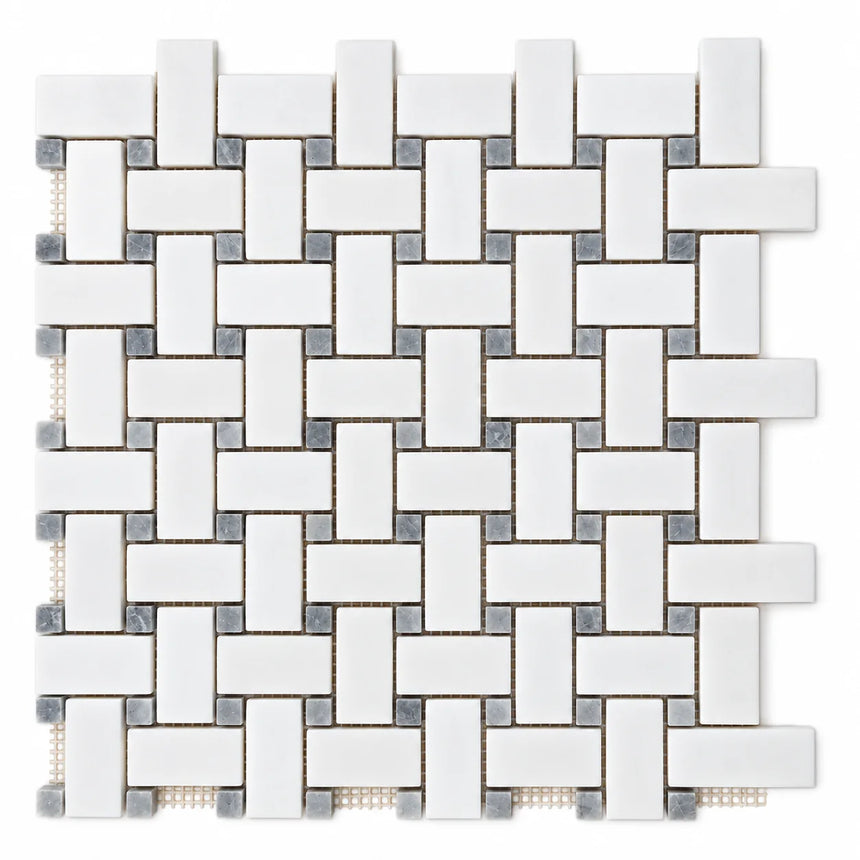 Bianco Dolomite Basketweave Matt Polished Marble Mosaic Sheet (25 × 50 mm)