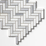 Bathroom wall with Carrara Neptune Honed Herringbone Marble Mosaic Tiles white marble classic layout.

