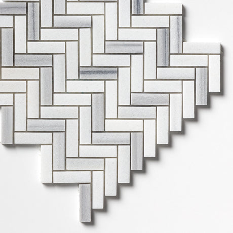 Bathroom wall with Carrara Neptune Honed Herringbone Marble Mosaic Tiles white marble classic layout.
