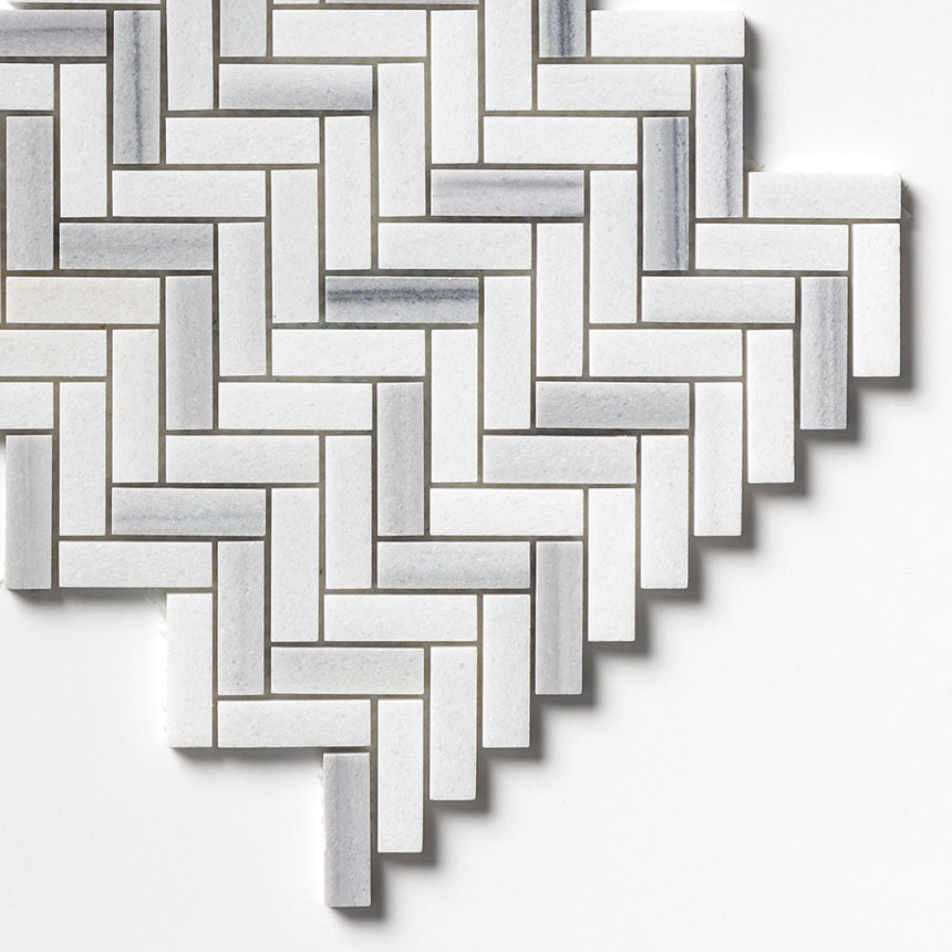 Bathroom wall with Carrara Neptune Honed Herringbone Marble Mosaic Tiles white marble classic layout.
