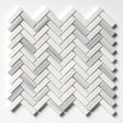 Carrara Neptune Honed Herringbone Marble Mosaic Tile 300×300 mm sheet white-grey veining matte finish.
