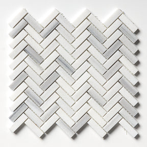Carrara Neptune Honed Herringbone Marble Mosaic Tile 300×300 mm sheet white-grey veining matte finish.
