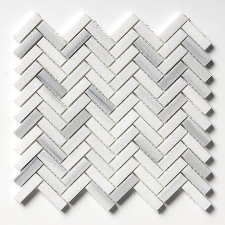 Carrara Neptune Honed Herringbone Marble Mosaic Tile 300×300 mm sheet white-grey veining matte finish.
