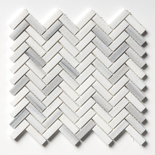 Carrara Neptune Honed Herringbone Marble Mosaic Tile 300×300 mm sheet white-grey veining matte finish.
