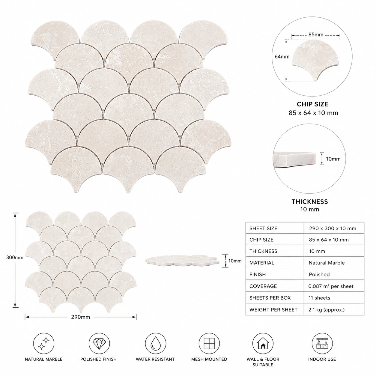 Diana Royal Marble Fish Scale Mosaic Tile Sheet 290x300x10mm