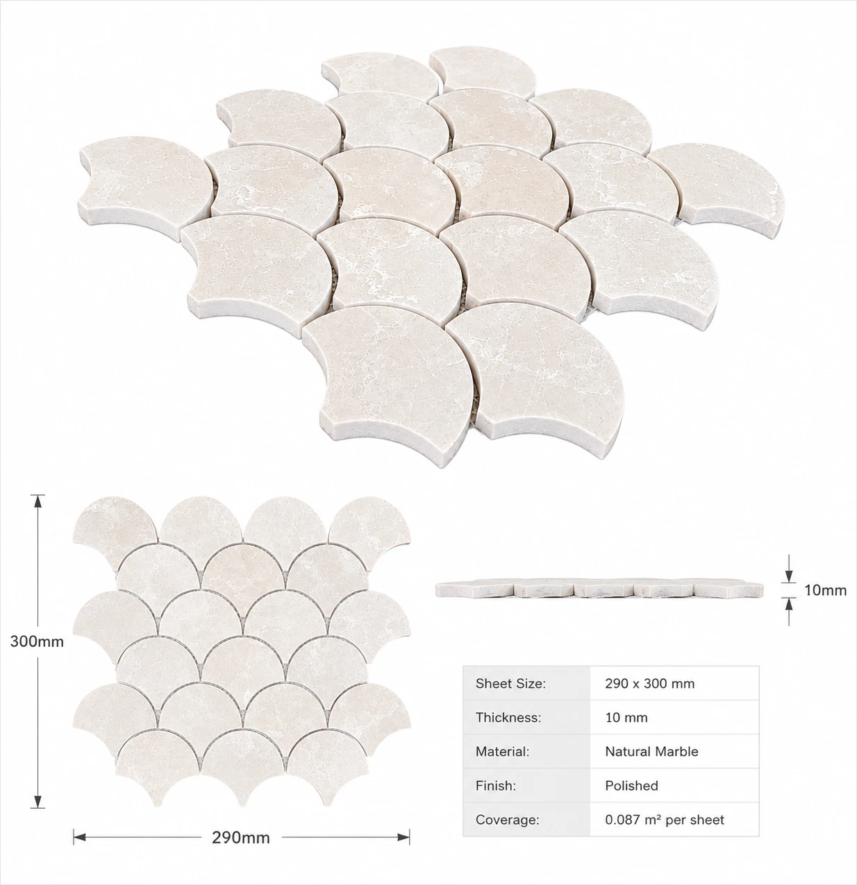 Diana Royal Marble Fish Scale Mosaic Tile Sheet 290x300x10mm