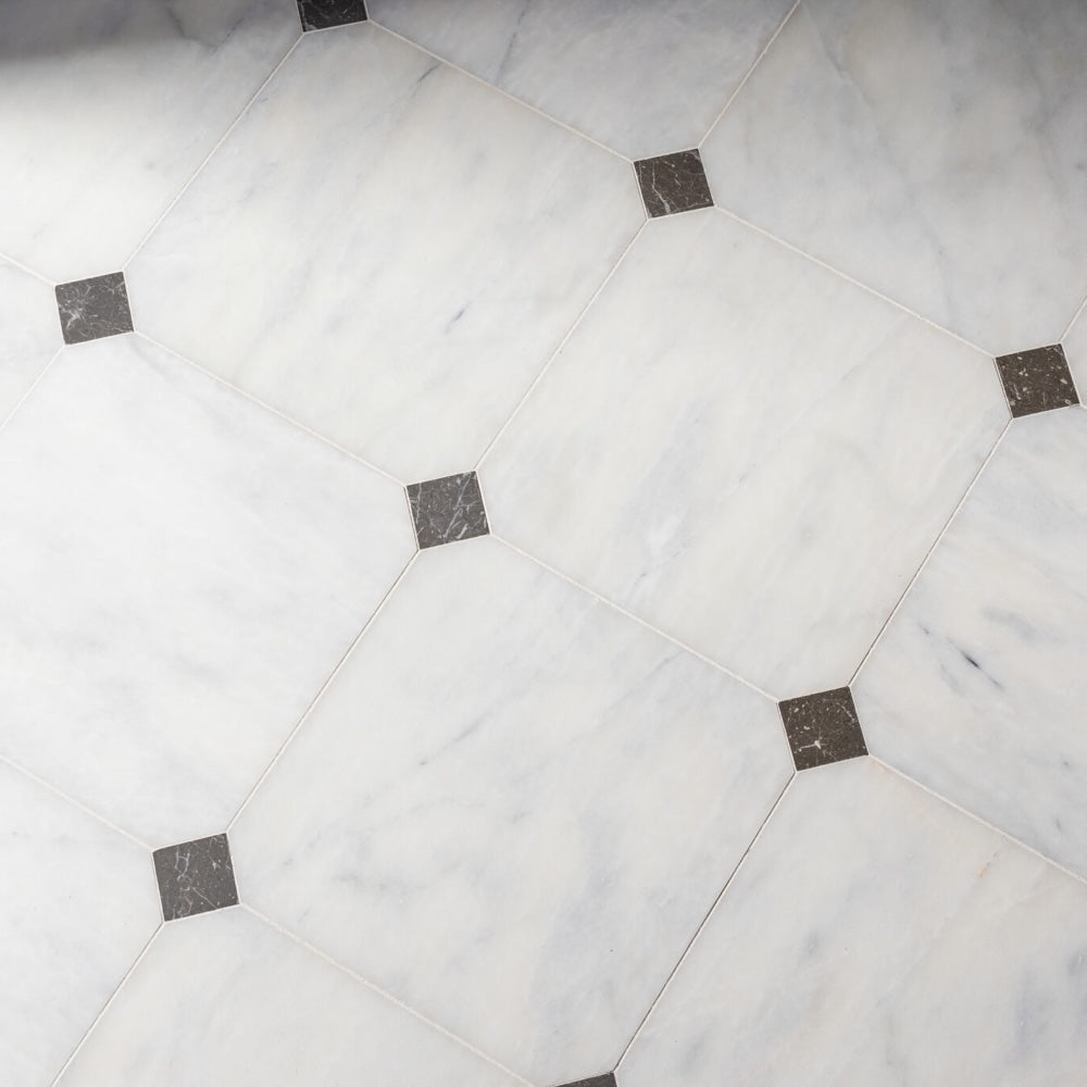 Fitz White Honed Octagon Marble Tile with Black Dots – 457×457×12 mm