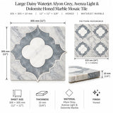 Large Daisy Waterjet Afyon Grey, Avenza Light & Dolomite Honed Marble Mosaic Tile 305 × 305 × 10 mm