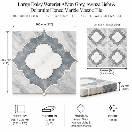 Large Daisy Waterjet Afyon Grey, Avenza Light & Dolomite Honed Marble Mosaic Tile 305 × 305 × 10 mm