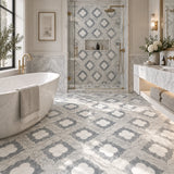 Large Daisy Waterjet Afyon Grey, Avenza Light & Dolomite Honed Marble Mosaic Tile 305 × 305 × 10 mm